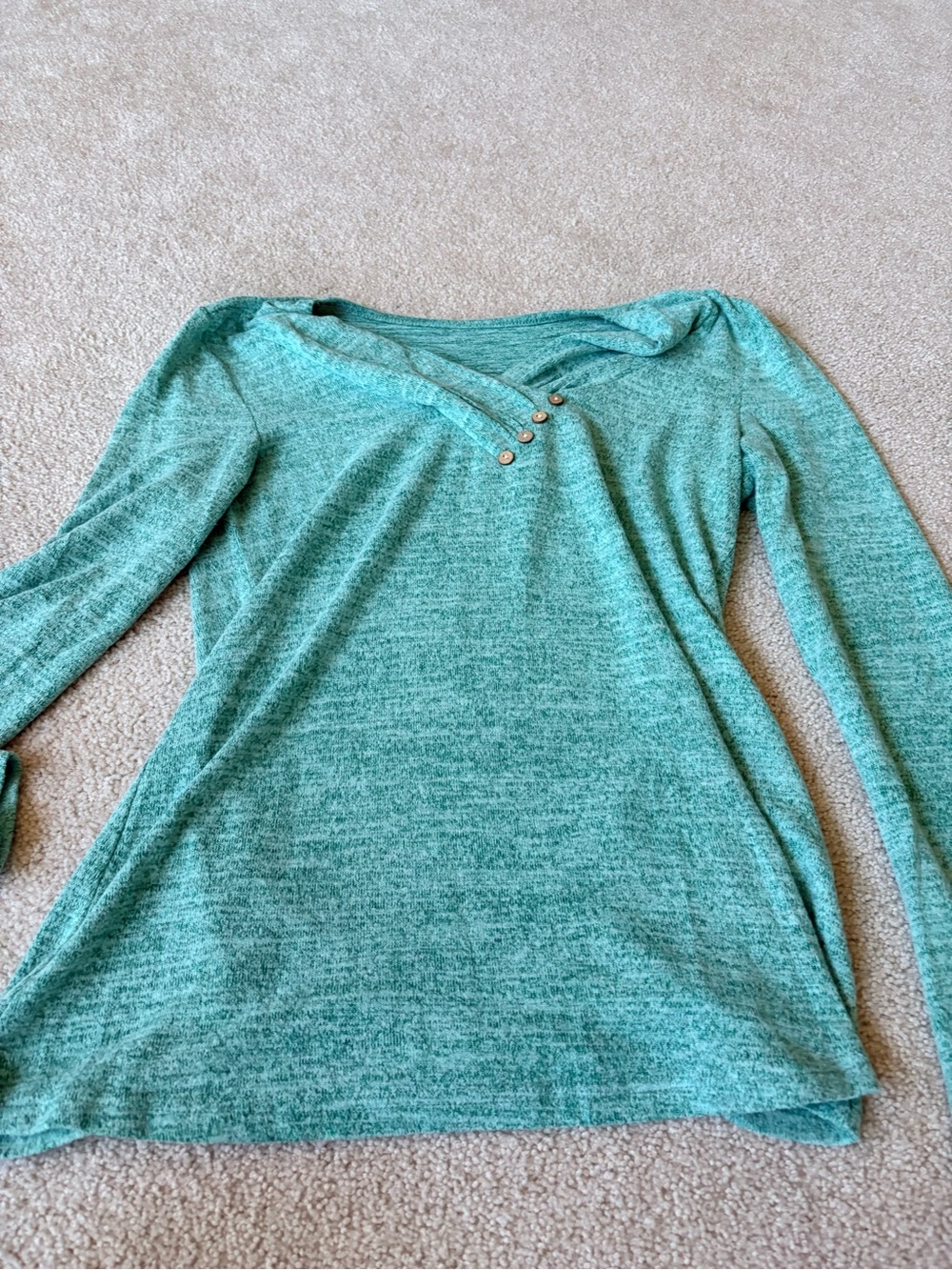 Heathered Teal Long-Sleeve V-Neck Top with Button Accent